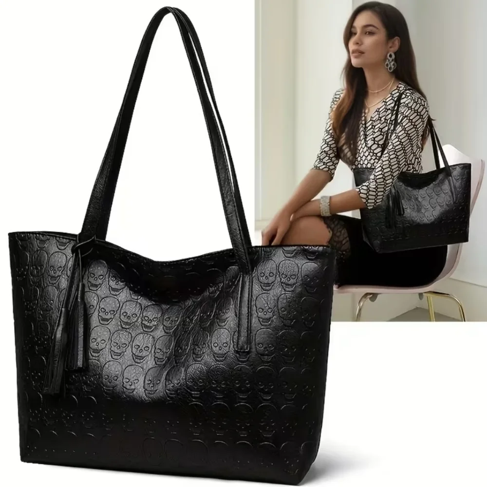 Women's PU Leather Skull Gothic Style Tasse Large Capacity‎ Tote Shoulder Purse